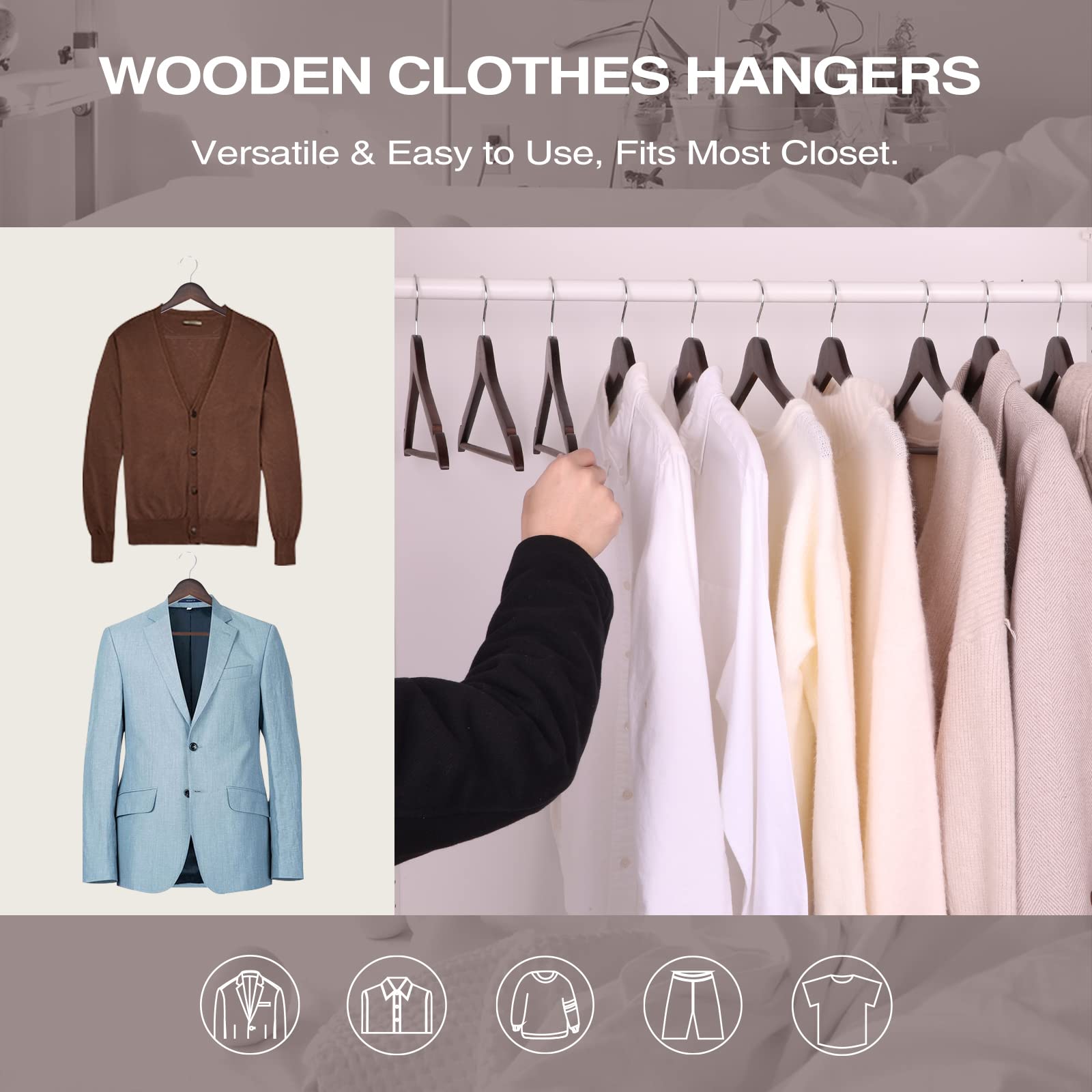 Fairyhaus Wood Hangers 30 Pack, Smooth Finish Wooden Coat Suit Hangers With 360 Swivel Hook And Notches, Lightweight Walnut Wood